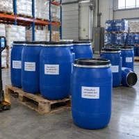 flazasulfuron-cas-104040-78-0-blue-plastic-drum-packaging Blue plastic drums labeled flazasulfuron (CAS 104040-78-0) arranged on wooden pallets in a warehouse