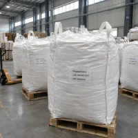 flazasulfuron-cas-104040-78-0-fibc-bulk-bag White woven polypropylene FIBC bulk bags labeled flazasulfuron (CAS 104040-78-0) on wooden pallets in a warehouse