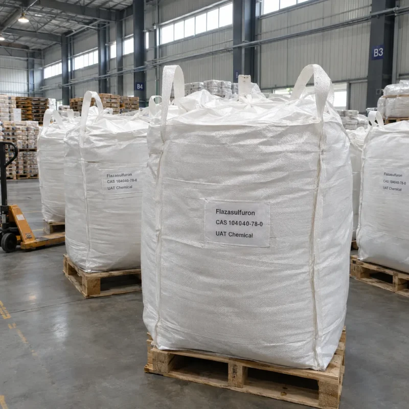 flazasulfuron-cas-104040-78-0-fibc-bulk-bag White woven polypropylene FIBC bulk bags labeled flazasulfuron (CAS 104040-78-0) on wooden pallets in a warehouse