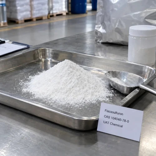 flazasulfuron-cas-104040-78-0-white-powder-sample Heap of white flazasulfuron (CAS 104040-78-0) powder on a stainless steel tray with a scoop and product label card
