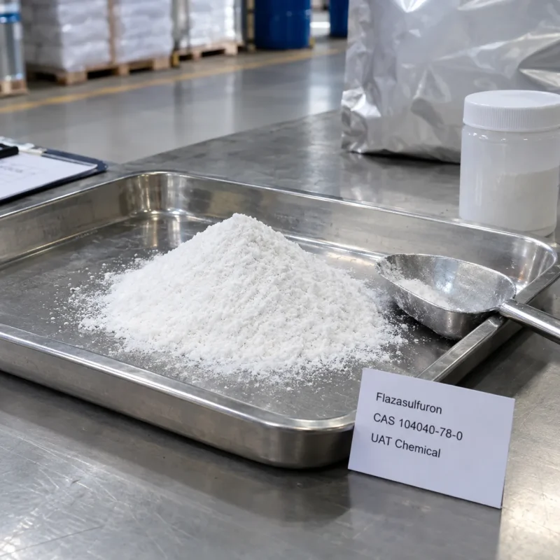 flazasulfuron-cas-104040-78-0-white-powder-sample Heap of white flazasulfuron (CAS 104040-78-0) powder on a stainless steel tray with a scoop and product label card