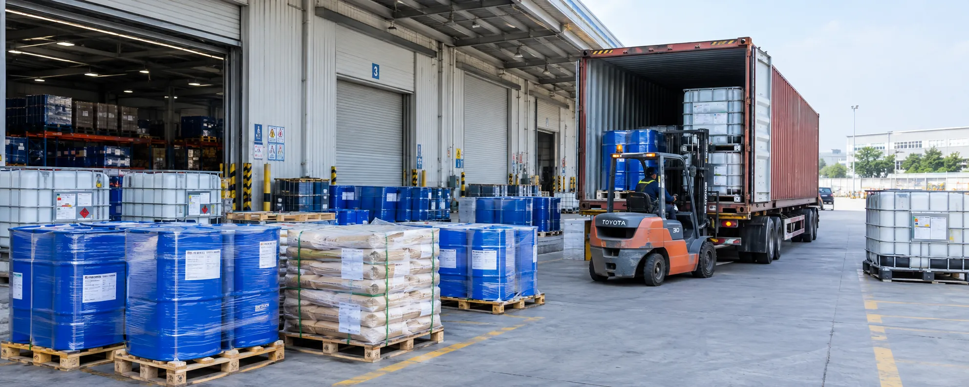 Forklift loading blue chemical drums and IBC totes into an export container at UATChem dispatch dock
