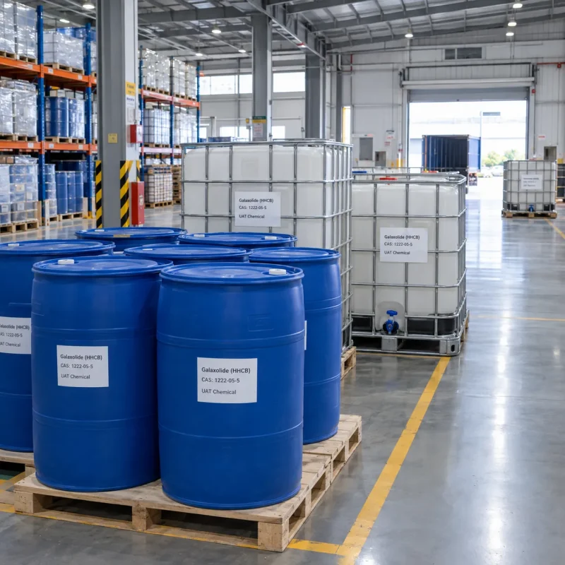 Galaxolide (HHCB, CAS 1222-05-5) packaged in blue plastic drums and white IBC totes stored in a chemical warehouse