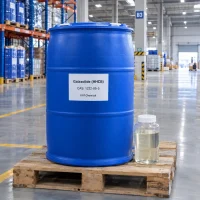 Galaxolide (HHCB, CAS 1222-05-5) liquid in a blue drum on a pallet with a glass bottle of clear sample beside it