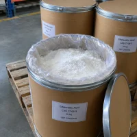 gibberellic-acid-cas-77-06-5-white-powder-fiber-drum Gibberellic acid (GA3, CAS 77-06-5) white powder in an open 25 kg fiber drum with PE liner, lid beside on pallet