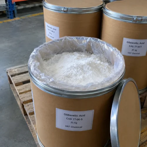 gibberellic-acid-cas-77-06-5-white-powder-fiber-drum Gibberellic acid (GA3, CAS 77-06-5) white powder in an open 25 kg fiber drum with PE liner, lid beside on pallet