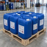 glacial-acetic-acid-cas-64-19-7-blue-jerrycans-pallet Blue plastic jerrycans labeled Glacial Acetic Acid CAS 64-19-7 with corrosive and flammable symbols on a wooden pallet in a warehouse with racks and a forklift behind.