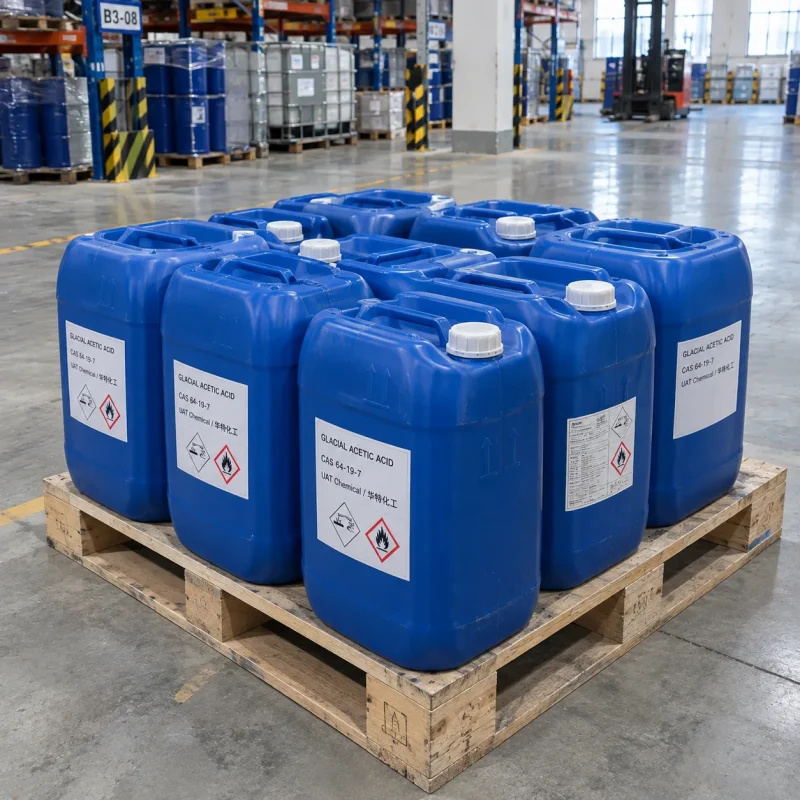 glacial-acetic-acid-cas-64-19-7-blue-jerrycans-pallet Blue plastic jerrycans labeled Glacial Acetic Acid CAS 64-19-7 with corrosive and flammable symbols on a wooden pallet in a warehouse with racks and a forklift behind.