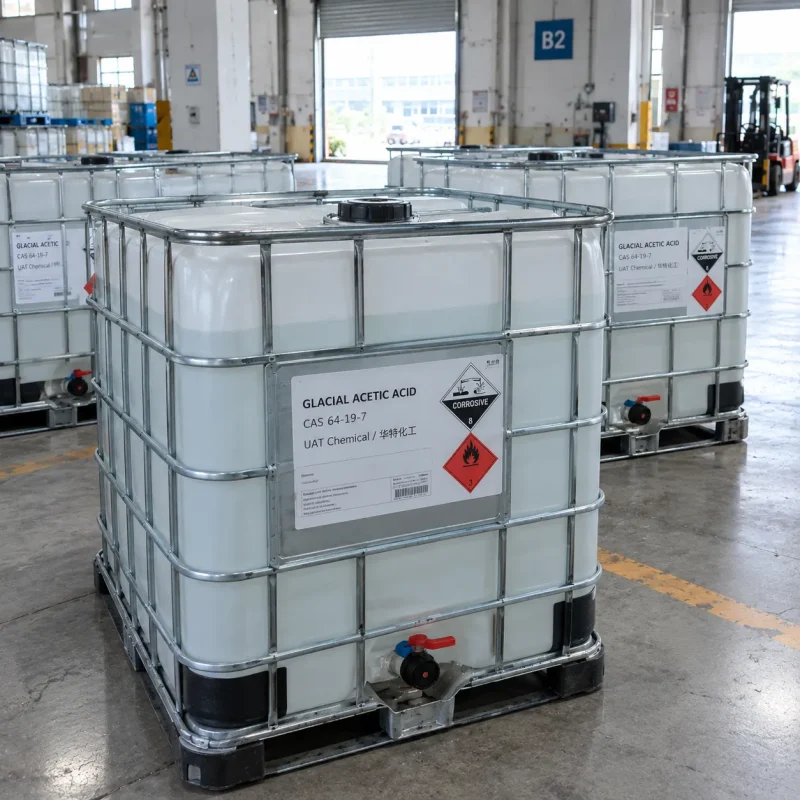 glacial-acetic-acid-cas-64-19-7-ibc-tanks-warehouse IBC tanks labeled Glacial Acetic Acid CAS 64-19-7 with corrosive and flammable hazard labels in a warehouse with a forklift in the background.