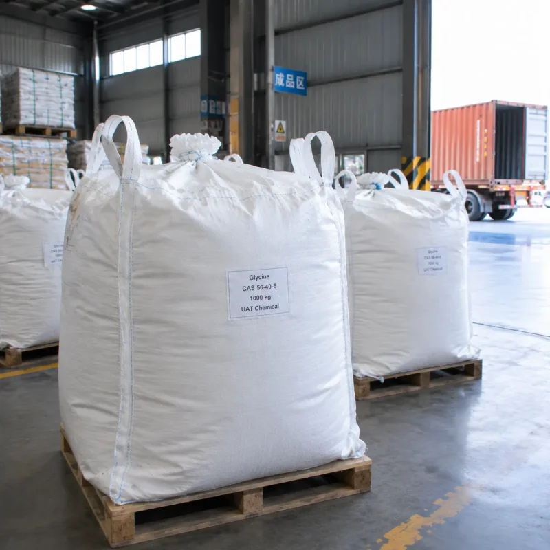 Large white FIBC bags labeled Glycine CAS 56-40-6 1000 kg on wooden pallets near a loading dock.