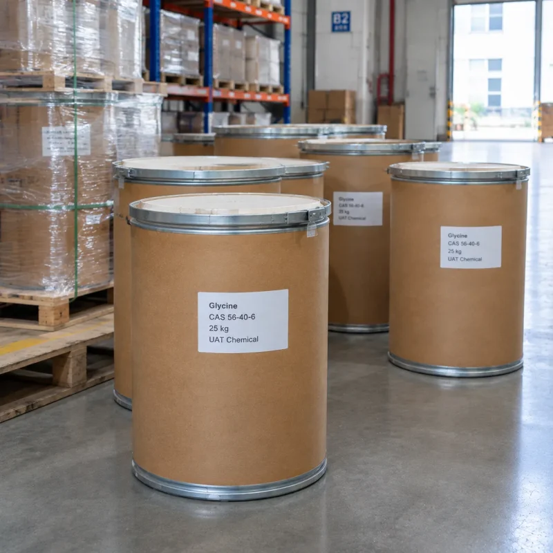 Several 25kg fiber drums of Glycine CAS 56-40-6 standing on the warehouse floor.