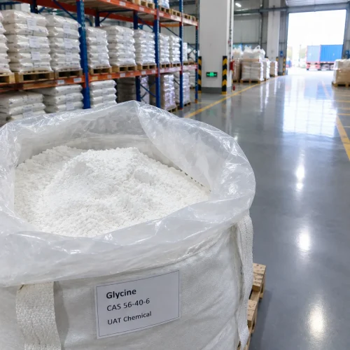 Open white FIBC bag filled with white Glycine powder CAS 56-40-6 in a warehouse.