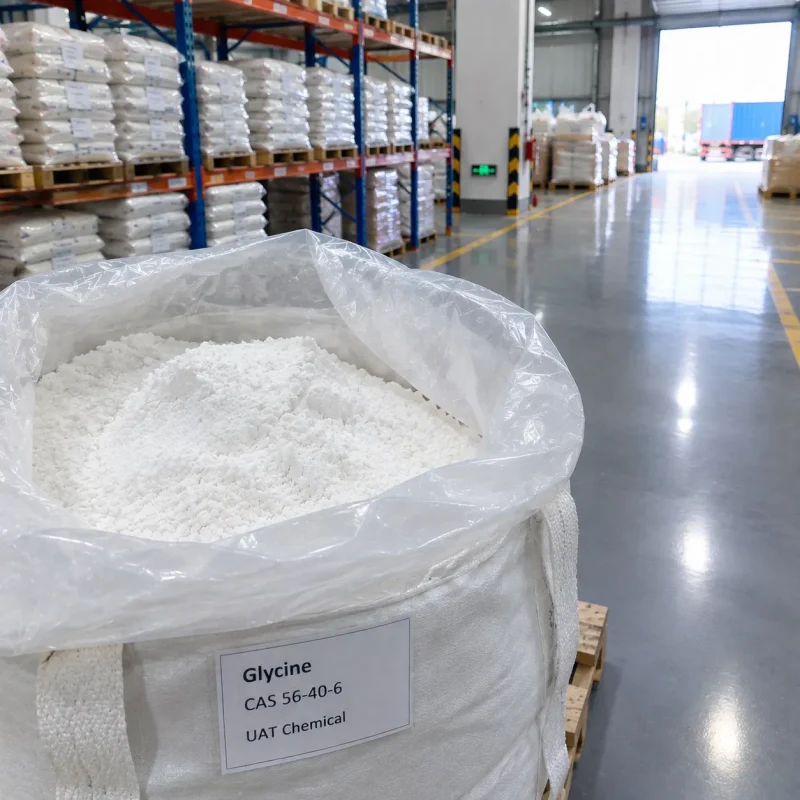 Open white FIBC bag filled with white Glycine powder CAS 56-40-6 in a warehouse.