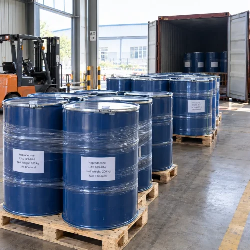 Heptadecane (CAS 629-78-7) in 200 kg blue steel drums on stretch-wrapped pallets near an open shipping container