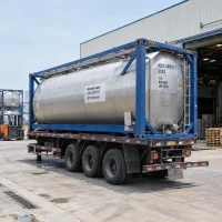 heptadecane-cas-629-78-7-iso-tank-container Heptadecane (CAS 629-78-7) in a stainless steel ISO tank container loaded on a truck trailer for bulk transport