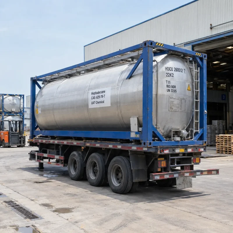heptadecane-cas-629-78-7-iso-tank-container Heptadecane (CAS 629-78-7) in a stainless steel ISO tank container loaded on a truck trailer for bulk transport