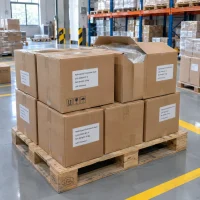 Stacks of 10kg cardboard boxes containing Hydrolyzed Sclerotium Gum CAS 39464-87-4 on a wooden pallet in a warehouse.