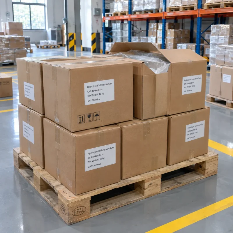 Stacks of 10kg cardboard boxes containing Hydrolyzed Sclerotium Gum CAS 39464-87-4 on a wooden pallet in a warehouse.