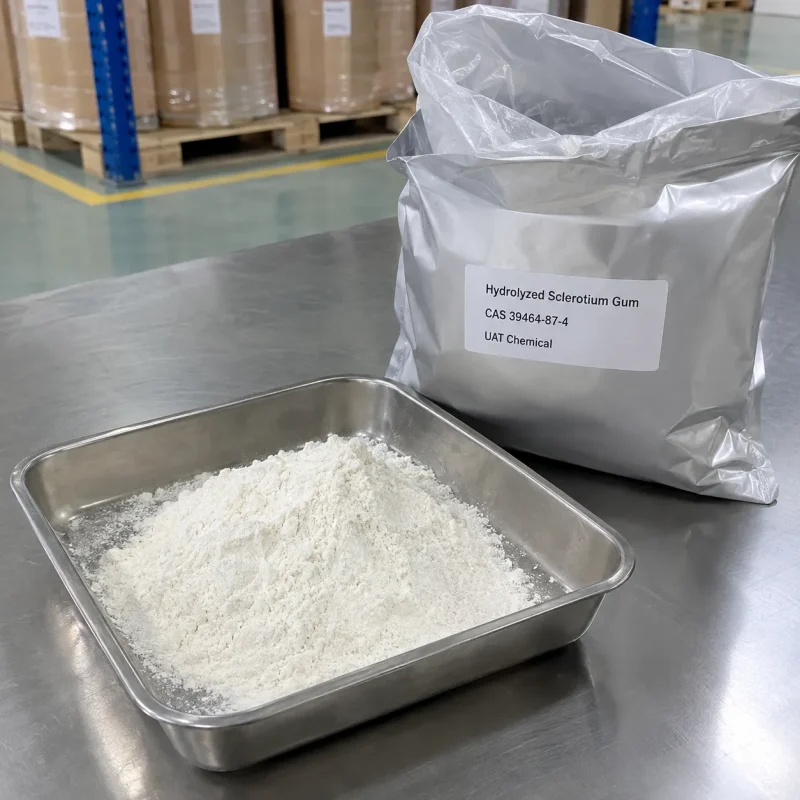 A large silver foil bag of Hydrolyzed Sclerotium Gum CAS 39464-87-4 next to a metal tray filled with white powder.