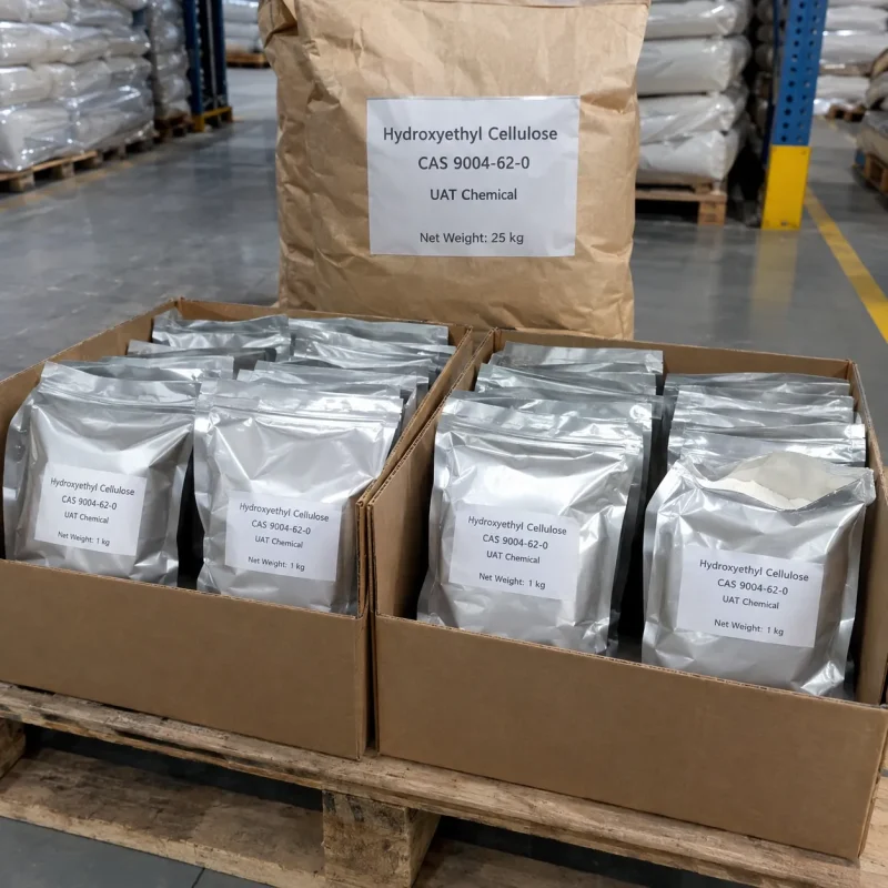 Hydroxyethyl cellulose CAS 9004-62-0 in 1 kg foil bags packed in cartons on pallet with 25 kg bag behind