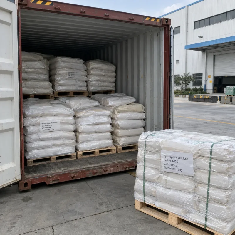 Hydroxyethyl cellulose CAS 9004-62-0 in 25 kg bags on pallets loaded into a shipping container