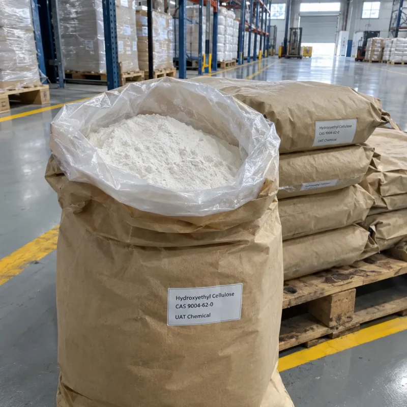Hydroxyethyl cellulose CAS 9004-62-0 white powder in an open kraft paper bag with PE liner in warehouse