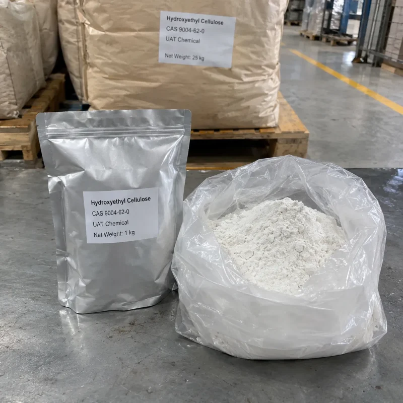 Hydroxyethyl cellulose CAS 9004-62-0 white powder in open PE bag beside 1 kg foil bag and 25 kg kraft bag