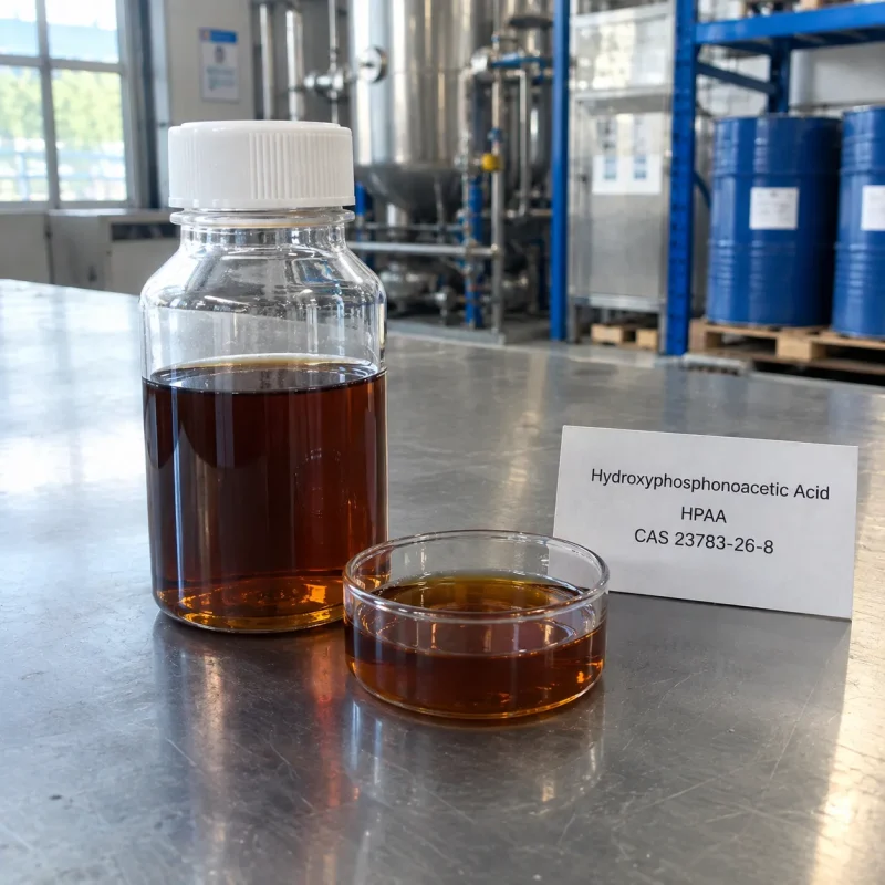 Amber brown Hydroxyphosphonoacetic Acid HPAA liquid CAS 23783-26-8 in a glass bottle and a glass dish with a product label on a factory table.