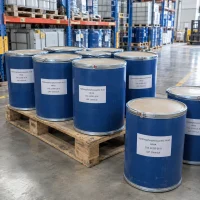 Blue fiber drums of Hydroxyphosphonoacetic Acid HPAA CAS 23783-26-8 on a wooden pallet in a warehouse storage area.