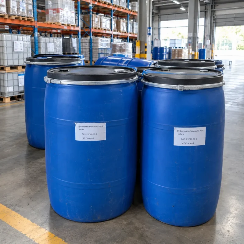 Blue plastic drums labeled Hydroxyphosphonoacetic Acid HPAA CAS 23783-26-8 in a warehouse with IBC tanks and racks in the background.