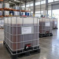 IBC tanks filled with brown Hydroxyphosphonoacetic Acid HPAA liquid CAS 23783-26-8 in a warehouse with storage racks behind.