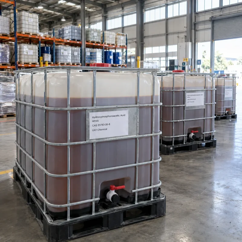 IBC tanks filled with brown Hydroxyphosphonoacetic Acid HPAA liquid CAS 23783-26-8 in a warehouse with storage racks behind.