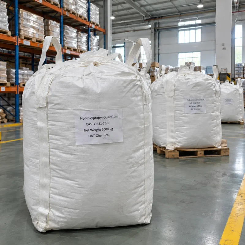 White 1000 kg ton bags (FIBC) of hydroxypropyl guar gum (CAS 39421-75-5) on wooden pallets in a warehouse