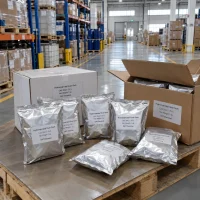 1 kg aluminum foil bags of hydroxypropyl guar gum (CAS 39421-75-5) with open cardboard cartons on a warehouse pallet