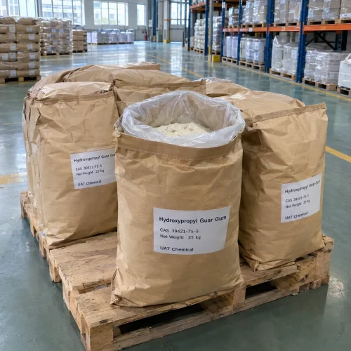 Open 25 kg kraft paper bag showing hydroxypropyl guar gum powder (CAS 39421-75-5) with sealed bags on a wooden pallet