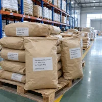 Stacked 25 kg kraft paper bags of hydroxypropyl guar gum (CAS 39421-75-5) on wooden pallets in a warehouse