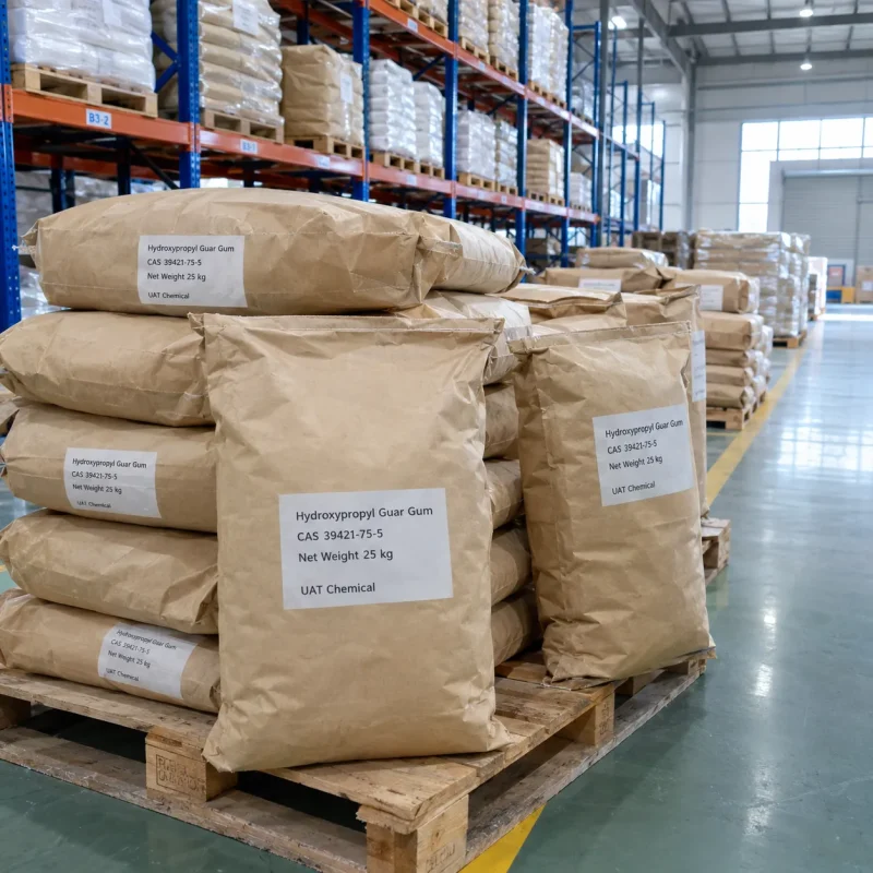 Stacked 25 kg kraft paper bags of hydroxypropyl guar gum (CAS 39421-75-5) on wooden pallets in a warehouse