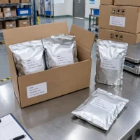 indole-1kg-foil-bags-carton-packing Indole (CAS 120-72-9) in 1 kg aluminum foil bags packed in an open carton on a packing table with scale