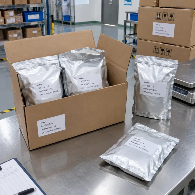indole-1kg-foil-bags-carton-packing Indole (CAS 120-72-9) in 1 kg aluminum foil bags packed in an open carton on a packing table with scale