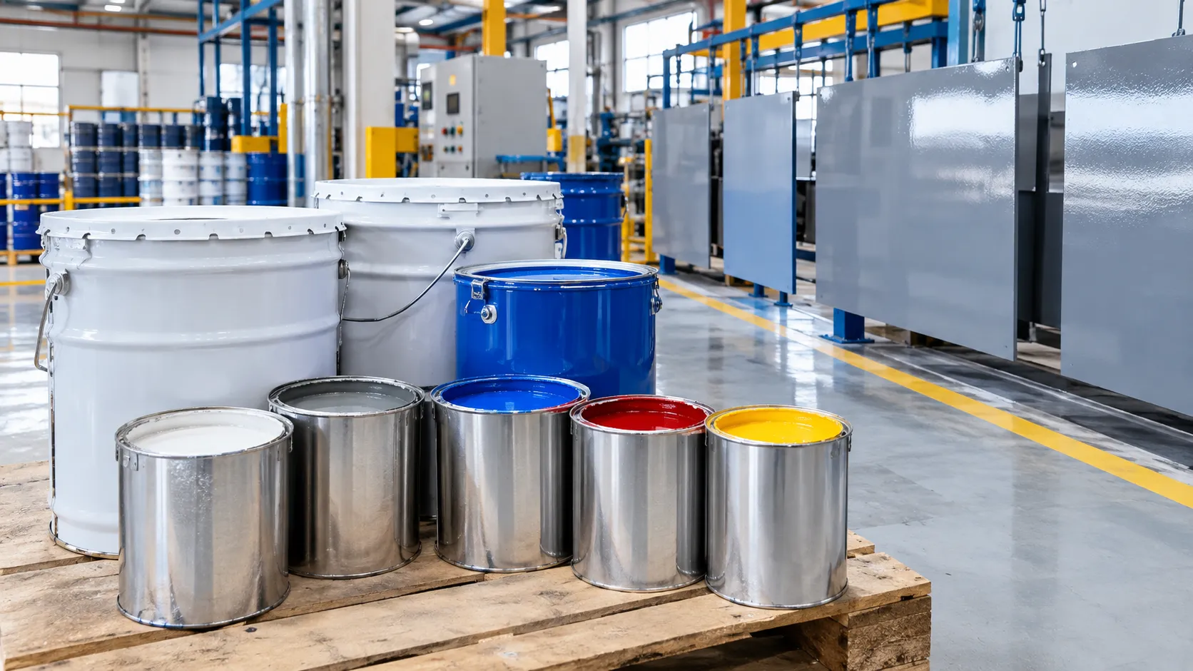 Industrial paint buckets filled with coating formulations made from additives supplied by UAT Chemical