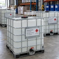 White IBC totes (intermediate bulk containers) of isopropyl alcohol (CAS 67-63-0), net weight 1000 kg each, with metal cage frames and discharge valves, labeled with UN 1219 flammable liquid symbol in a warehouse