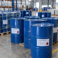 Blue steel drums of isopropyl alcohol (CAS 67-63-0), net weight 160 kg per drum, palletized and stored in a warehouse, labeled with UN 1219 flammable liquid symbol