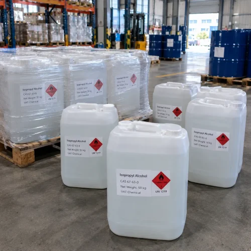 isopropyl-alcohol-cas-67-63-0-50kg-white-plastic-drums-packaging White plastic jerrycan drums of isopropyl alcohol (CAS 67-63-0), net weight 50 kg each, labeled with UN 1219 flammable liquid symbol, partly shrink-wrapped on wooden pallets in a warehouse