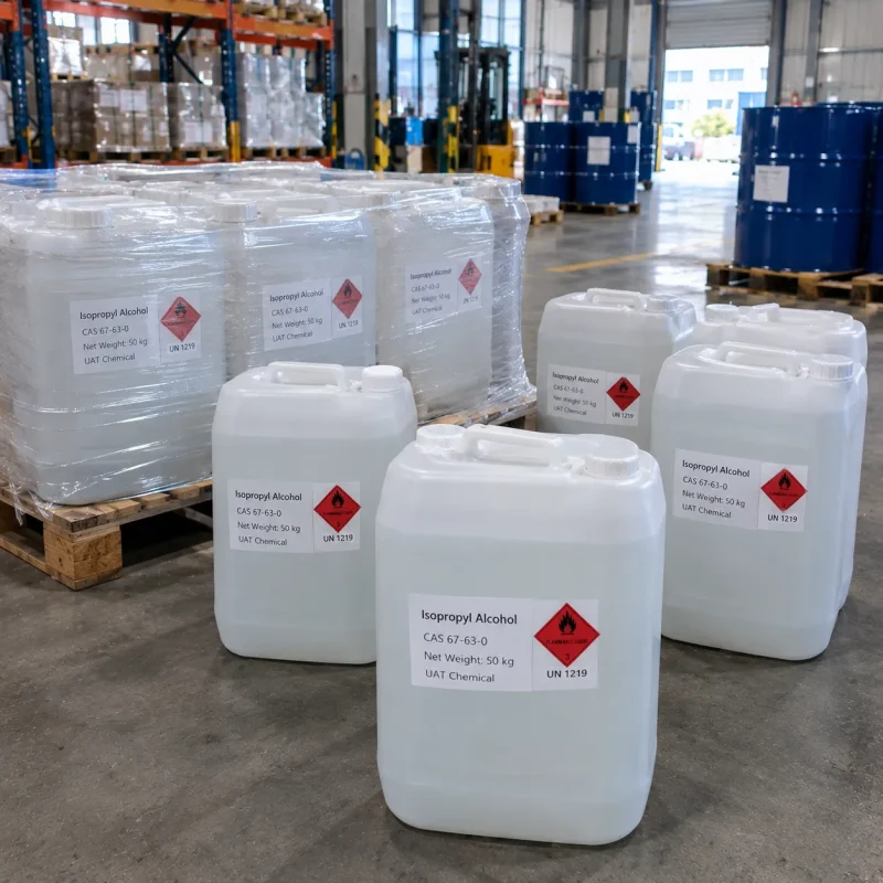 White plastic jerrycan drums of isopropyl alcohol (CAS 67-63-0), net weight 50 kg each, labeled with UN 1219 flammable liquid symbol, partly shrink-wrapped on wooden pallets in a warehouse