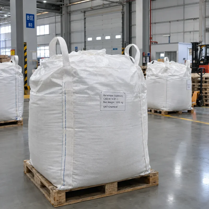 keratinase-subtilisin-cas-9014-01-1-1000kg-fibc-bulk-bag Keratinase (Subtilisin) CAS 9014-01-1 in 1000 kg FIBC bulk bag on pallet in warehouse