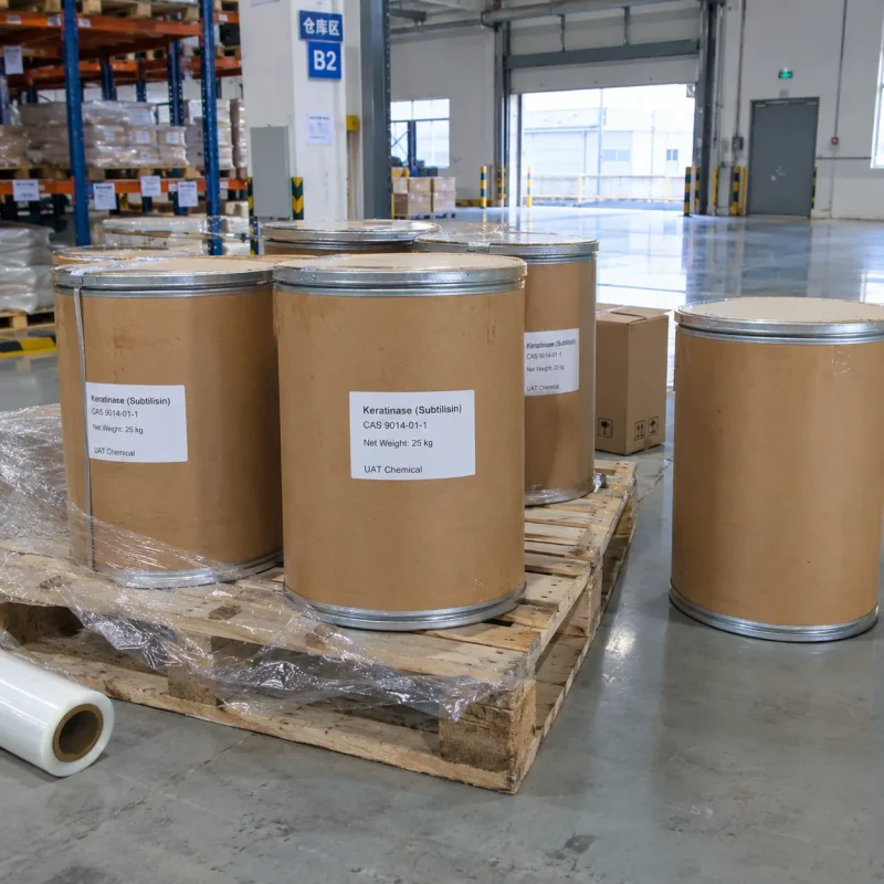 keratinase-subtilisin-cas-9014-01-1-25kg-fiber-drums-pallet Keratinase (Subtilisin) CAS 9014-01-1 in 25 kg fiber drums stacked on pallet in warehouse