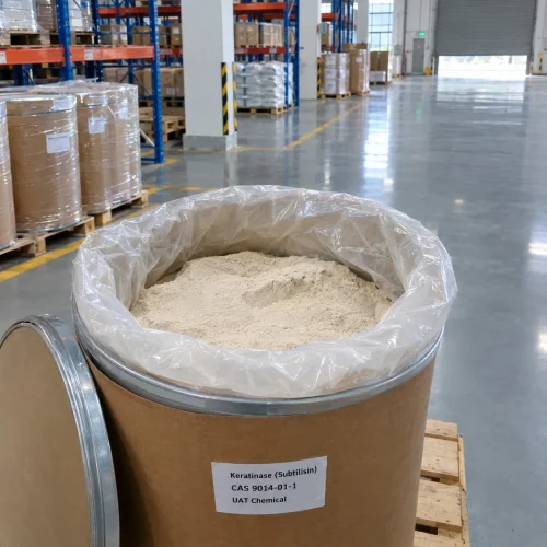 keratinase-subtilisin-cas-9014-01-1-powder-open-fiber-drum Keratinase (Subtilisin) CAS 9014-01-1 beige powder in open fiber drum with PE liner