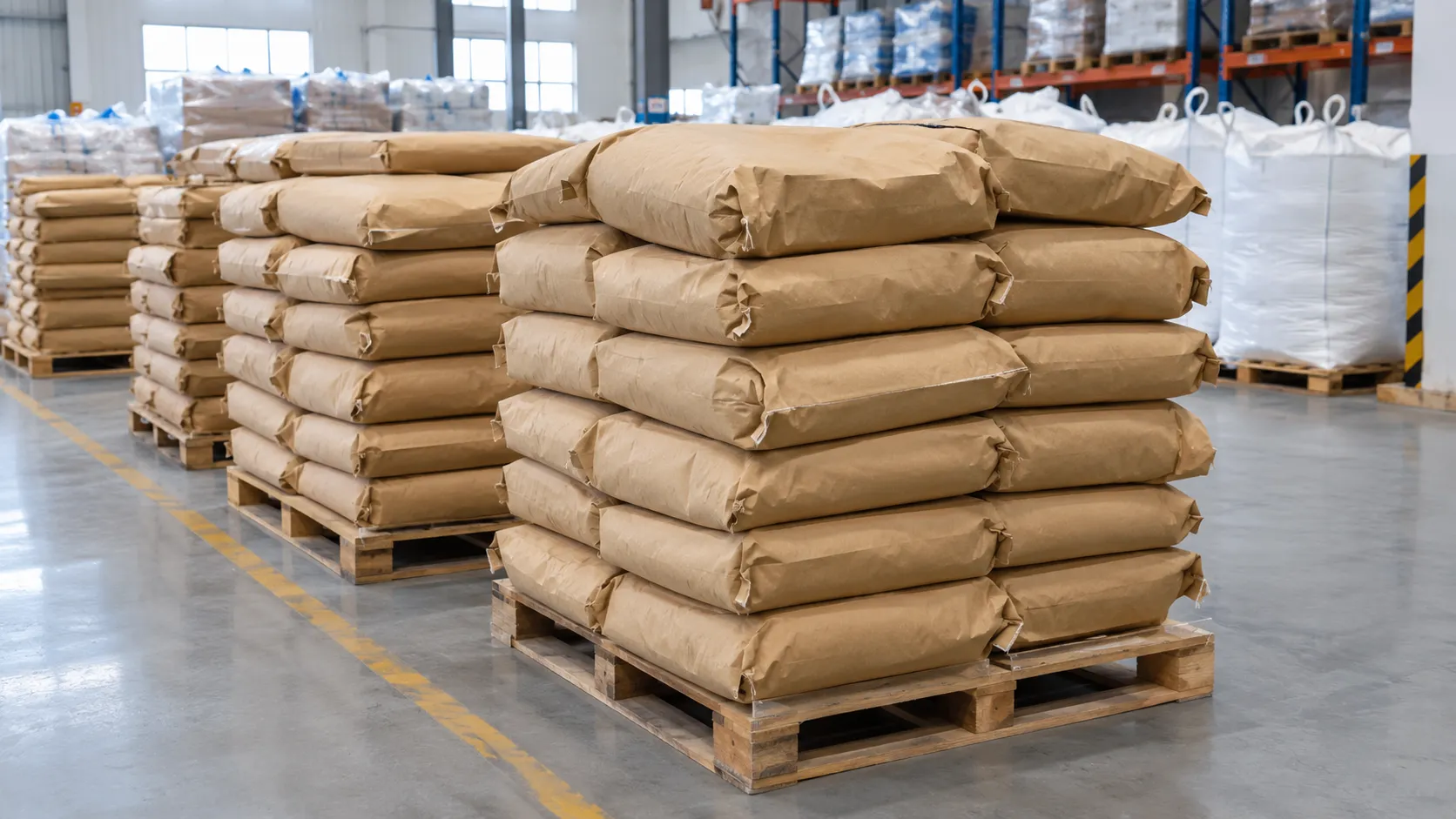 Powdered chemical packed in multi-wall kraft paper sacks, pallet rows stacked for bulk orders