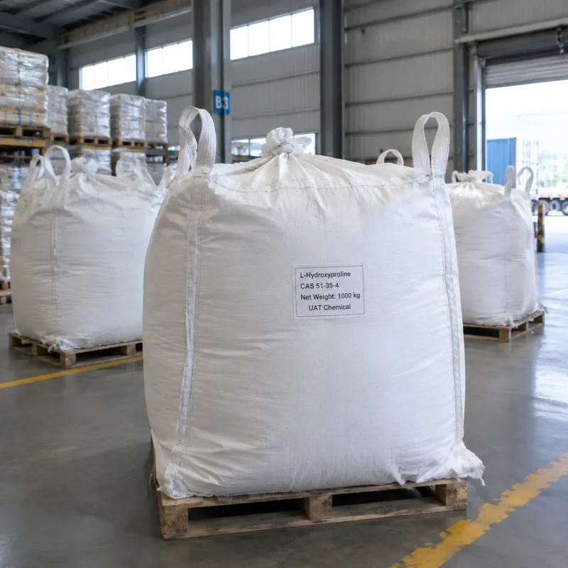 Large white FIBC bag labeled L-Hydroxyproline CAS 51-35-4 with 1000kg net weight on pallet.