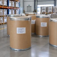 Multiple 25kg fiber drums of L-Hydroxyproline CAS 51-35-4 stored in a warehouse.
